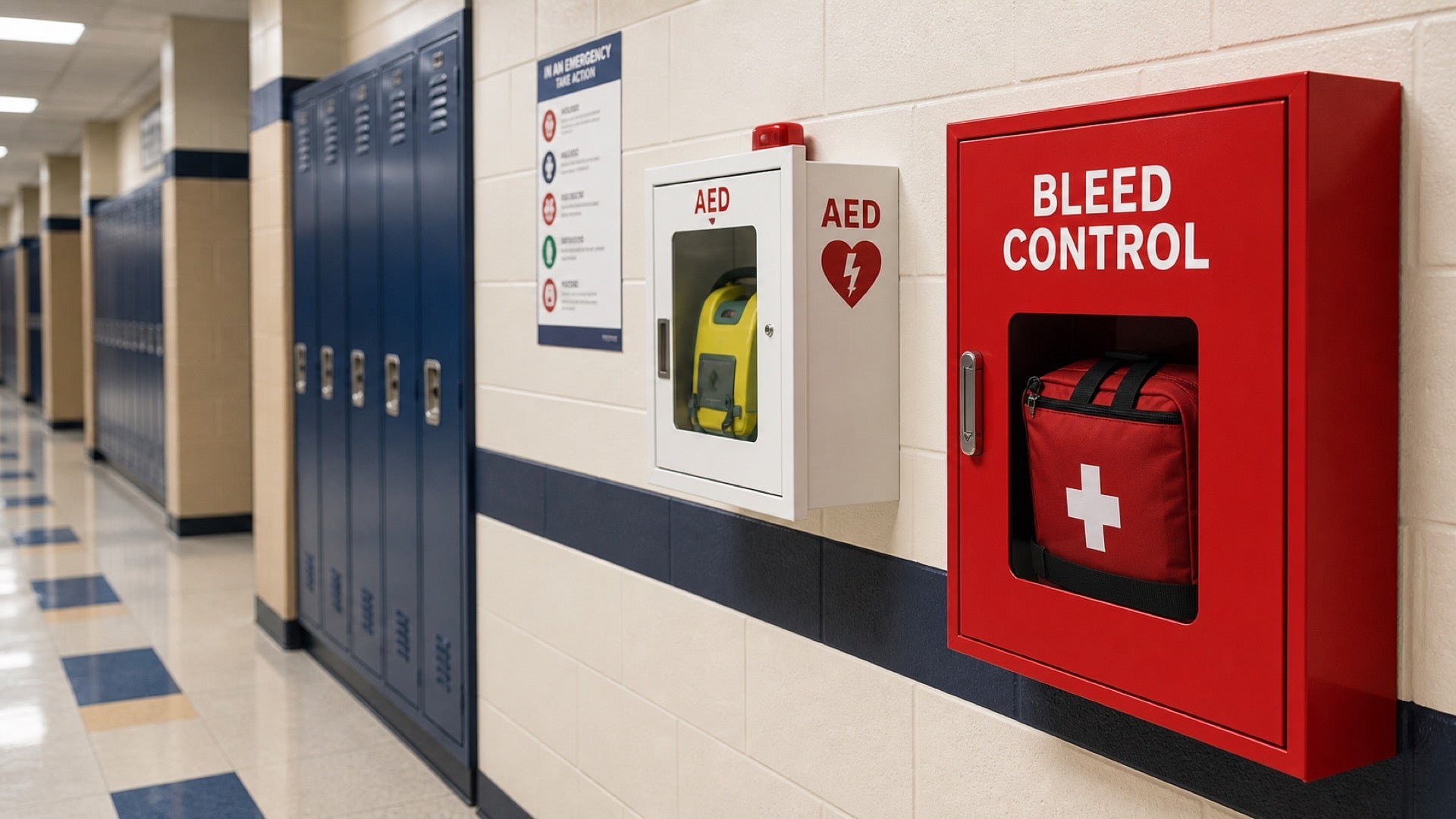 School hallway wall-mounted bleed control kit station positioned near classroom door for immediate student and staff access