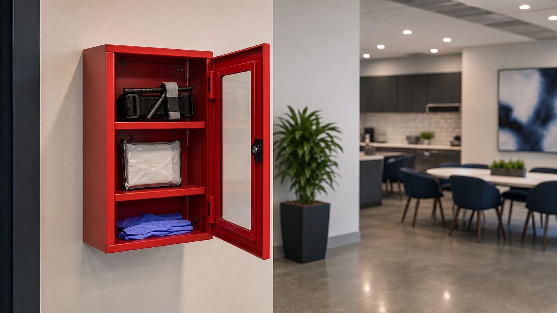 Office wall-mounted bleed control kit open and accessible for workplace public access readiness program