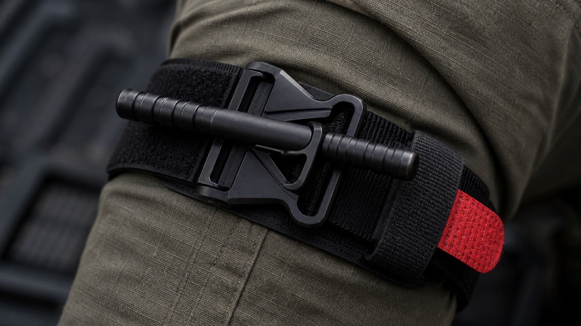 close-up of a tourniquet applied on a leg, demonstrating proper tourniquet application field technique