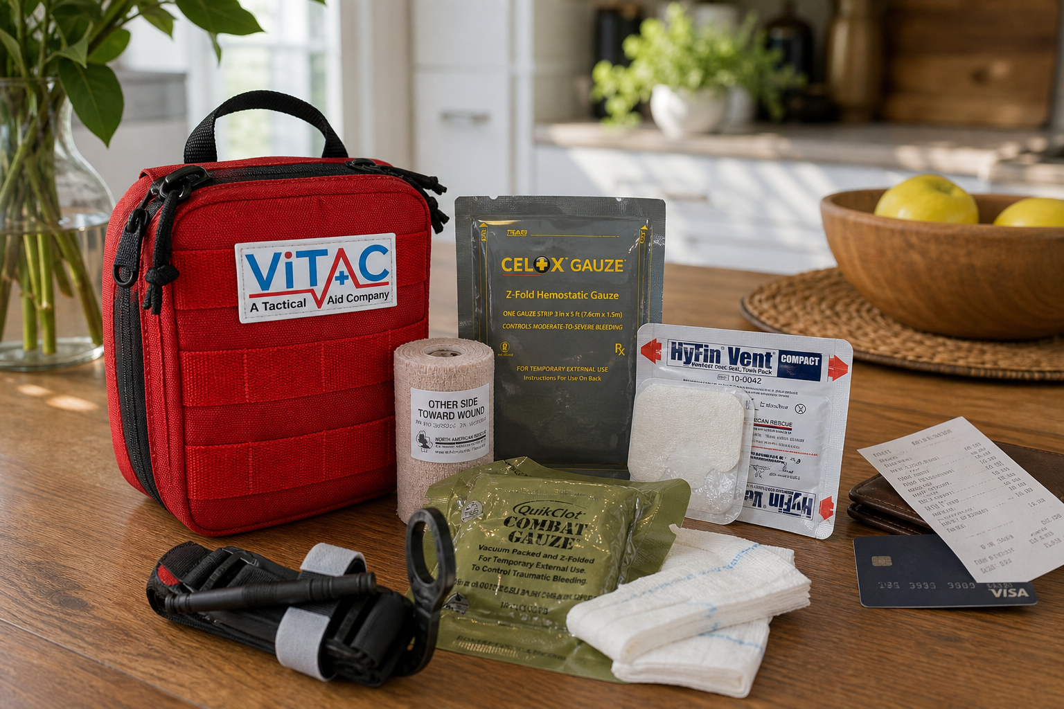 HSA FSA eligible first aid supplies flatlay showing qualifying trauma and medical products for health savings account reimbursement