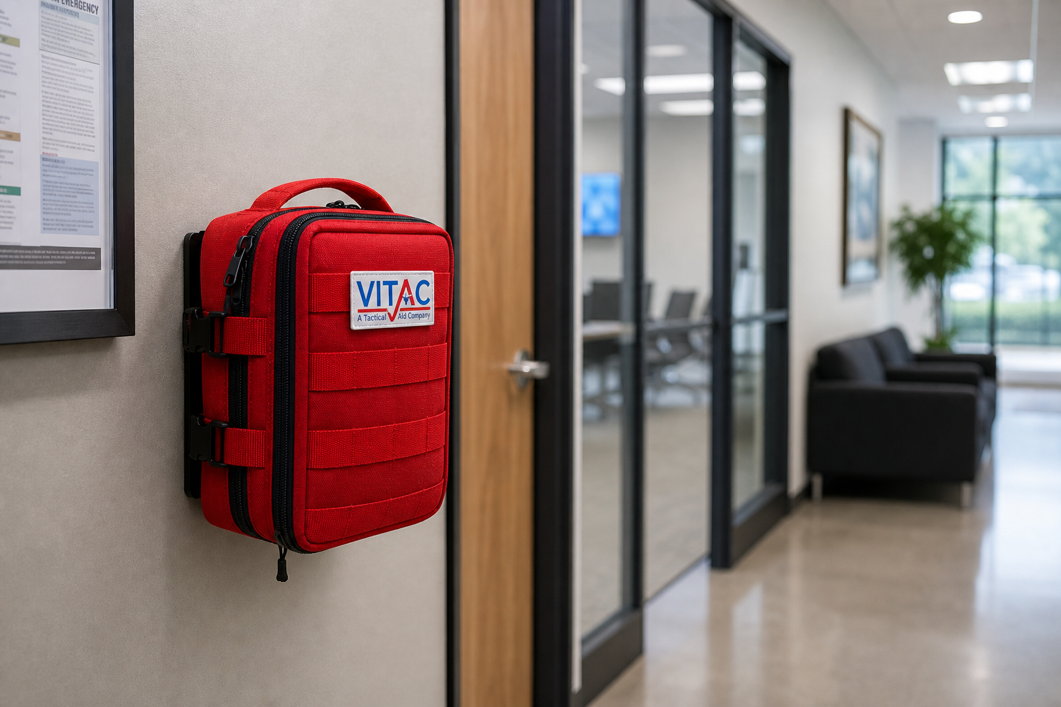 Tourniquets for civilians first aid kit mounted on wall in a modern office setting.