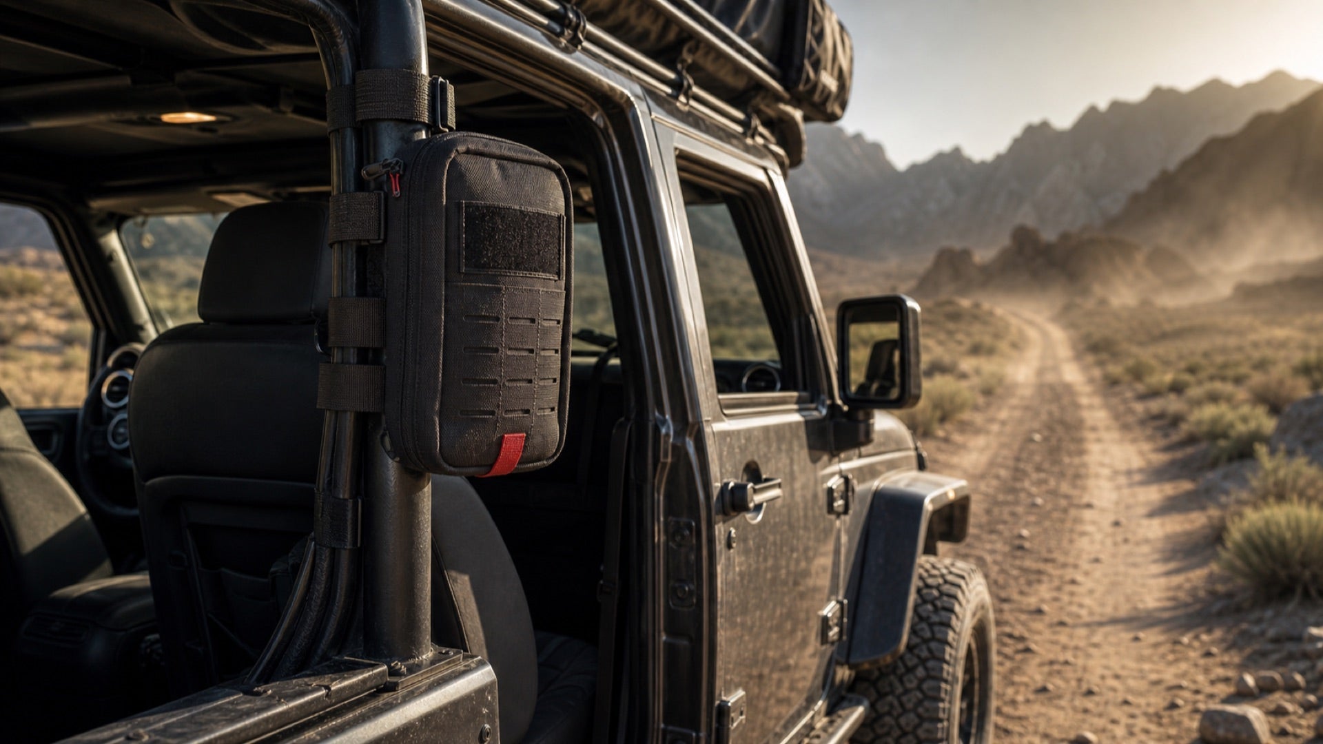 Remote travel first aid kit essentials stored in a rugged vehicle for off-road adventures.