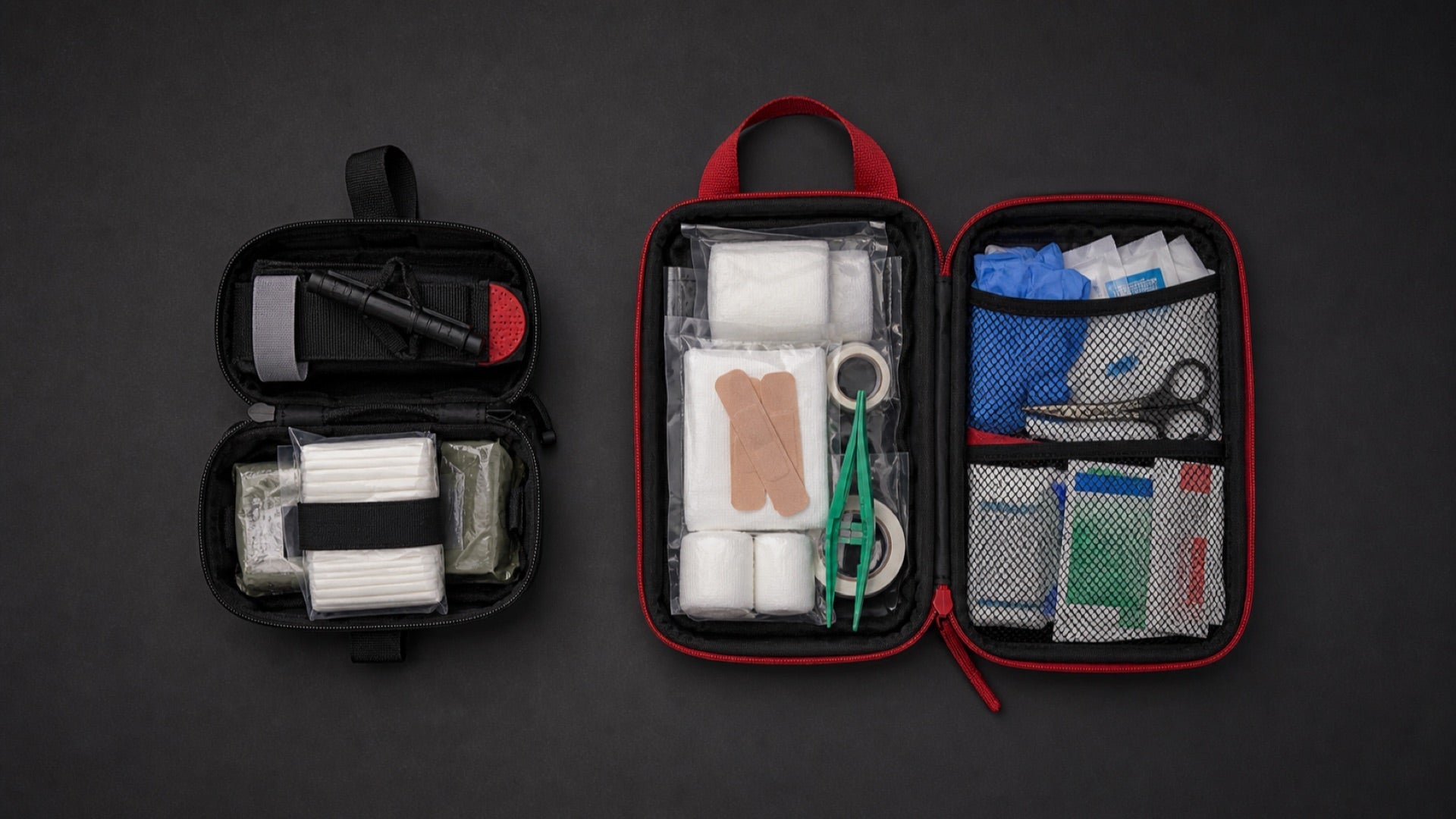Bleed control kit and first aid kit placed side by side showing the difference in components for trauma vs general injury response