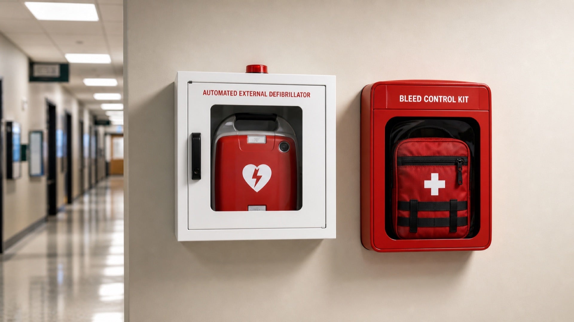 Automated external defibrillator and bleed control kit for addressing church safety threats.