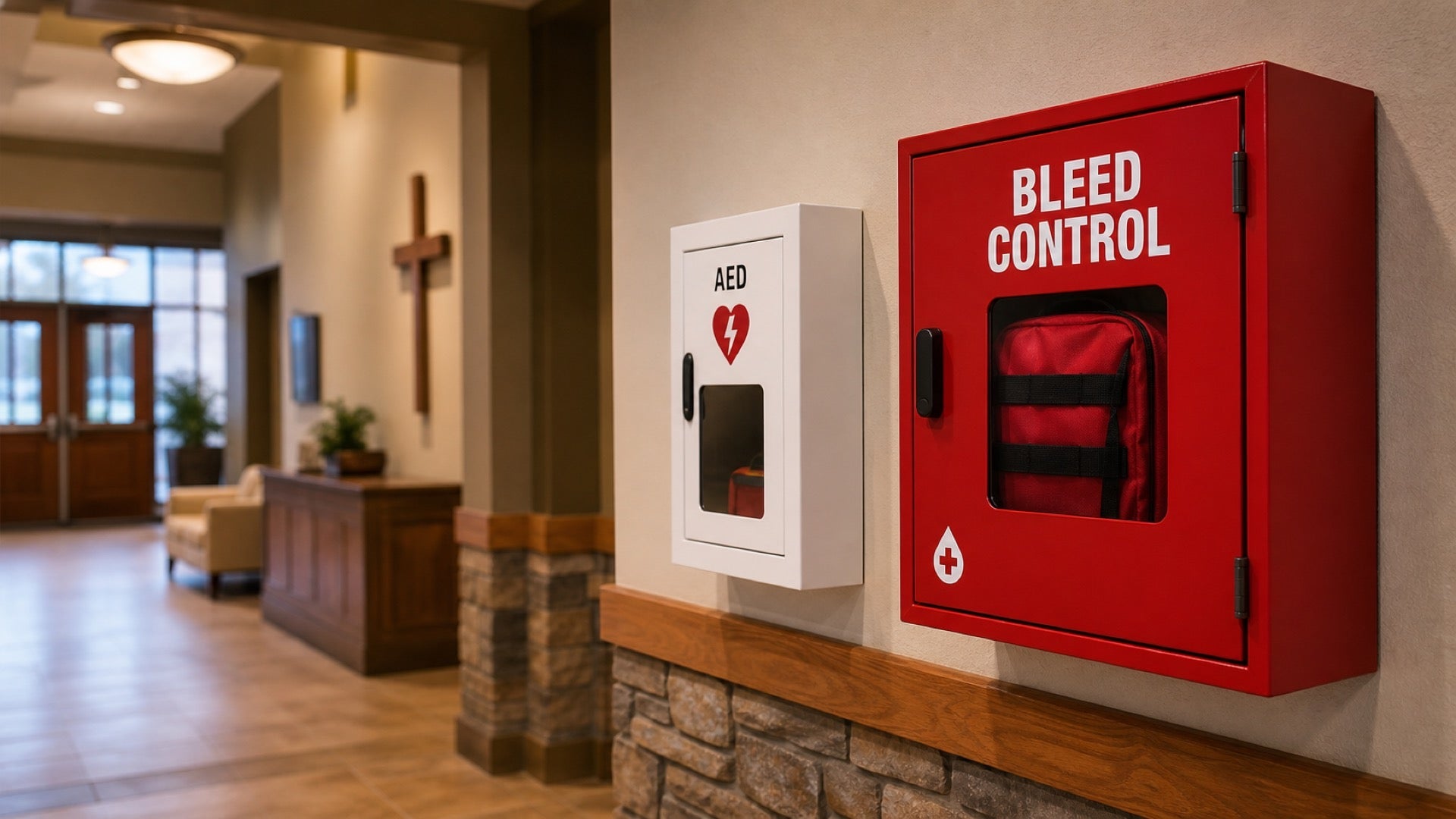 Church lobby wall-mounted bleed control kit providing public access readiness for congregants and visitors