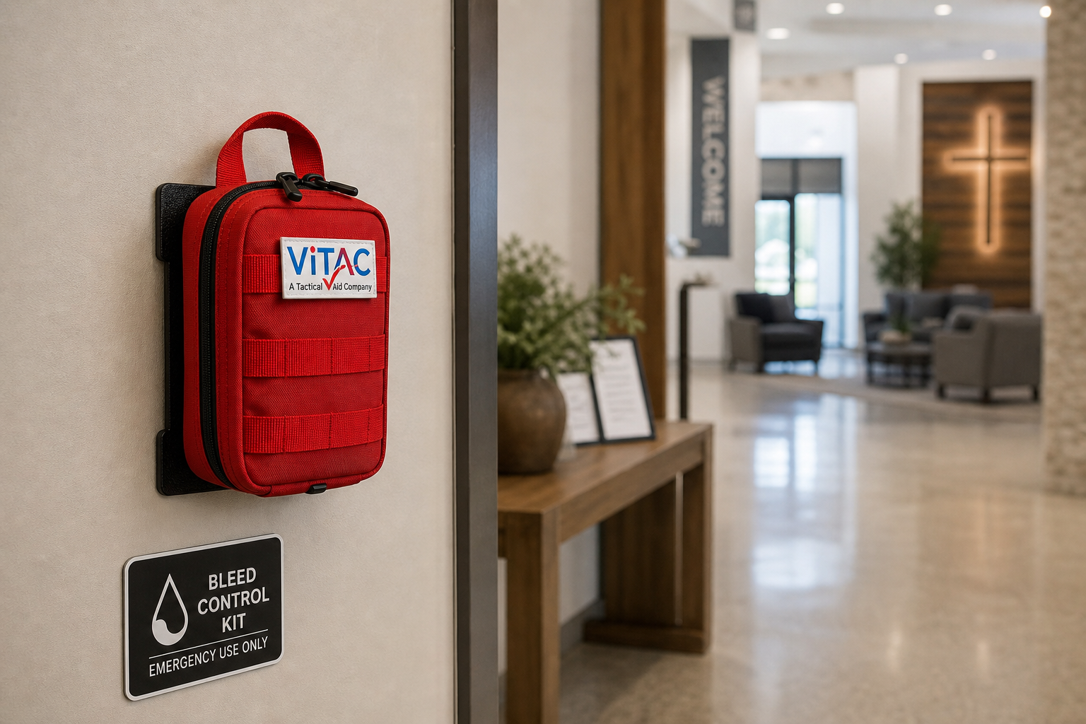 The Medical Response Layer Your Church Safety Plan Is Missing - red bleed control kit mounted on wall in church entrance.
