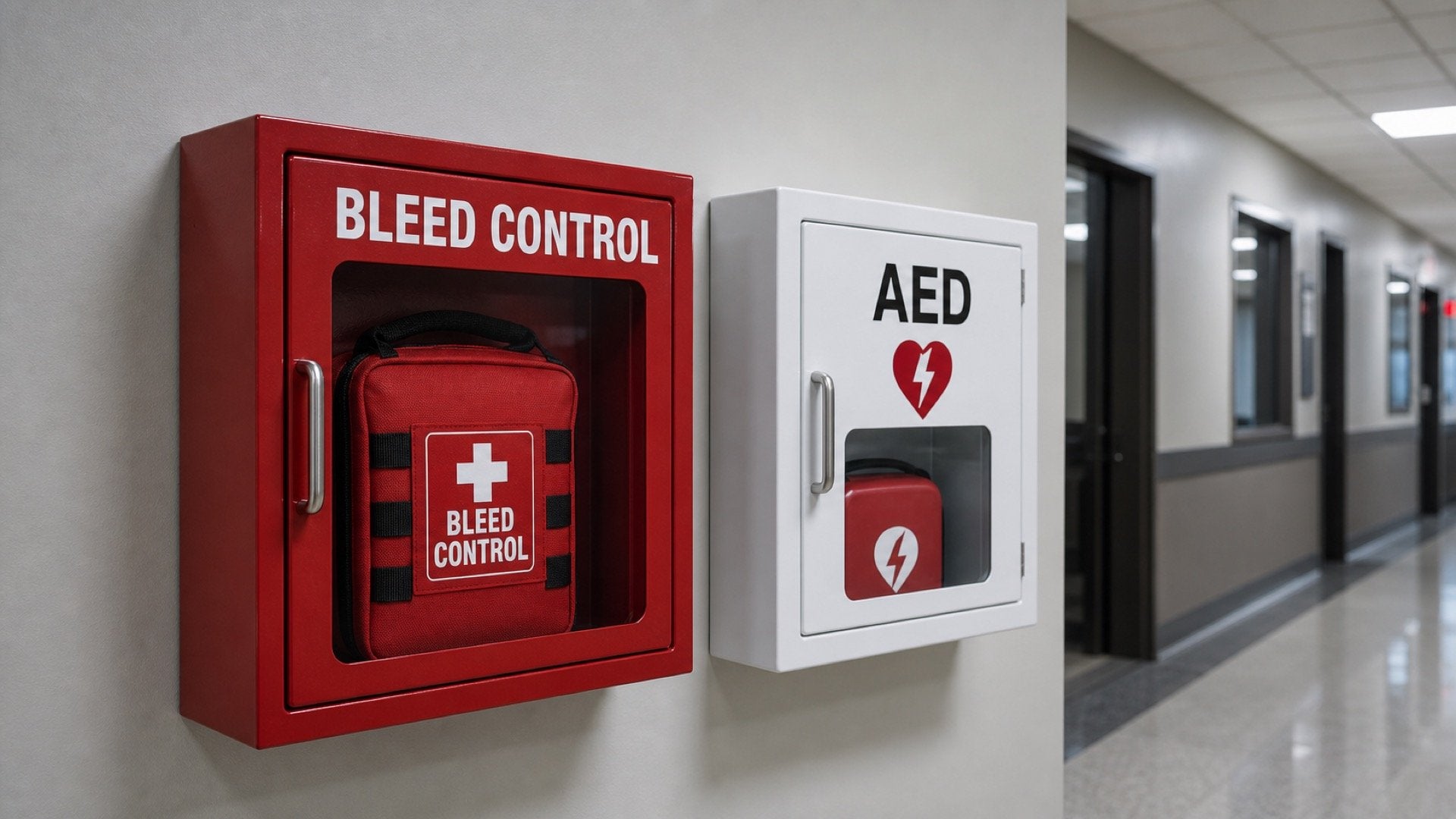 Wall-mounted bleed control station with AED unit in an institutional setting — stop-the-bleed kit components and placement guide