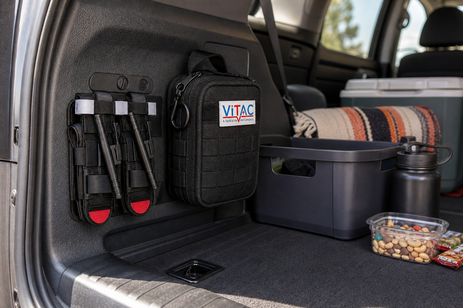 Tourniquet quantity for trauma kits organized in a vehicle trunk with essential gear and supplies.