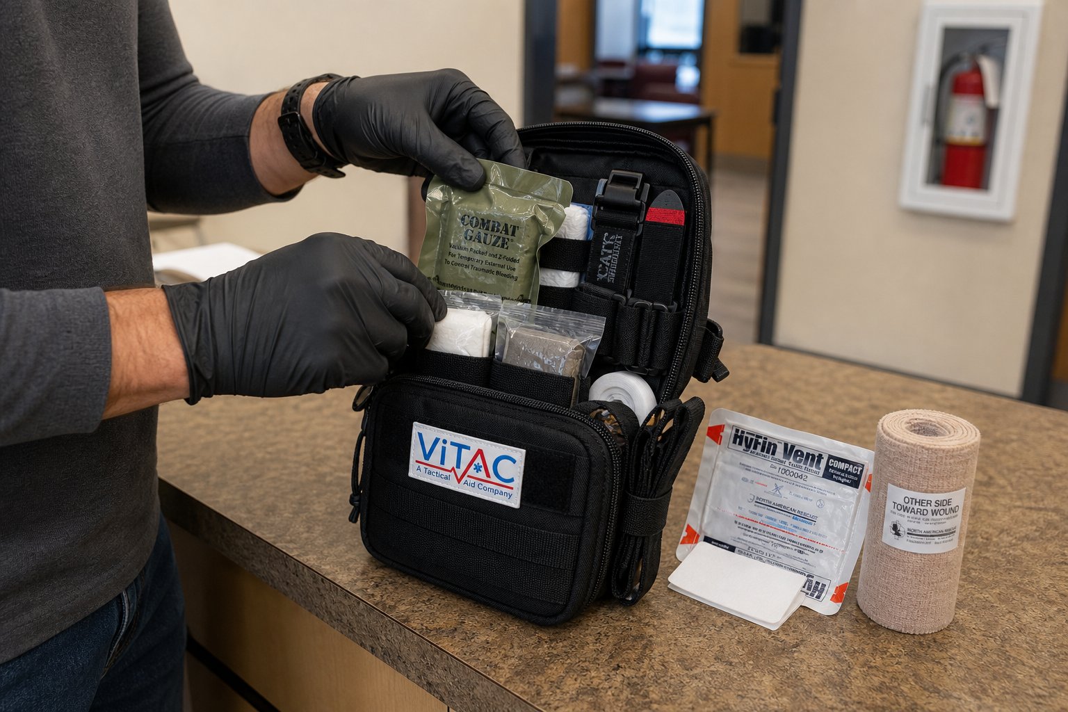 Open bleed control kit showing tourniquets, gauze, chest seals, and gloves laid out for inspection — components guide for public access readiness