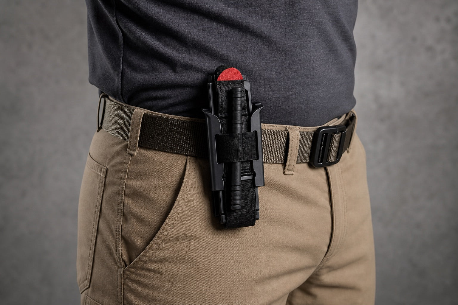 Tourniquet staged in a belt-loop carry position — ready for immediate access in a vehicle, pack, or IFAK