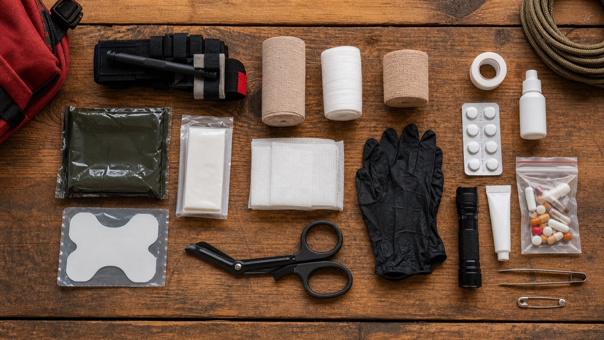Camping first aid kit checklist items laid out on a wooden table, including bandages, gloves, and tools.