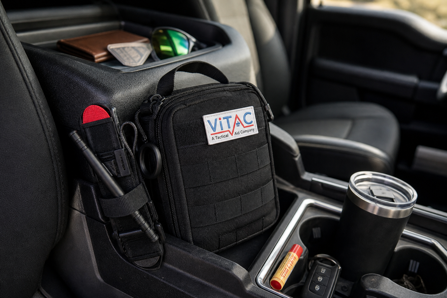 Where to carry a tourniquet: a tactical bag in a vehicle for quick access to emergency supplies.
