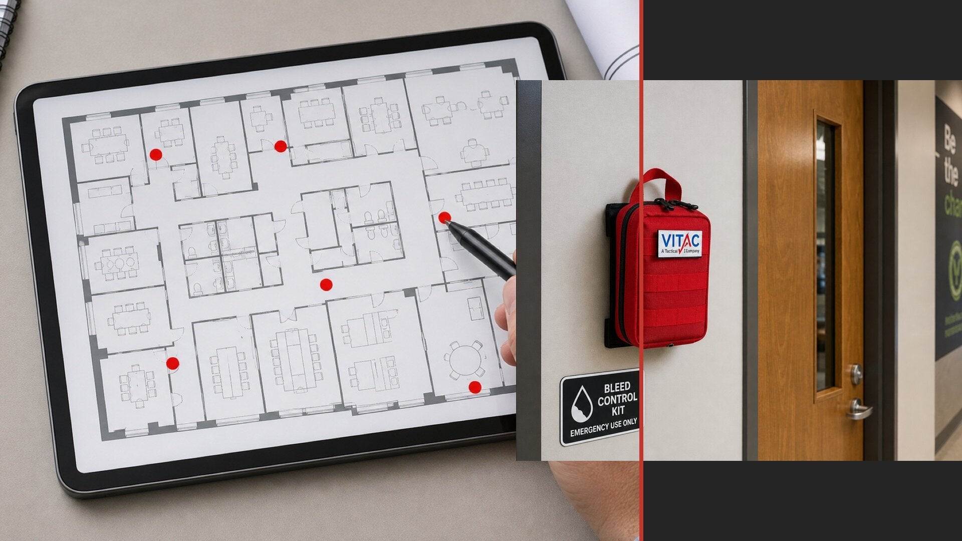 Building floor plan with bleed control kit placement markers showing coverage zones and recommended kit density per square footage