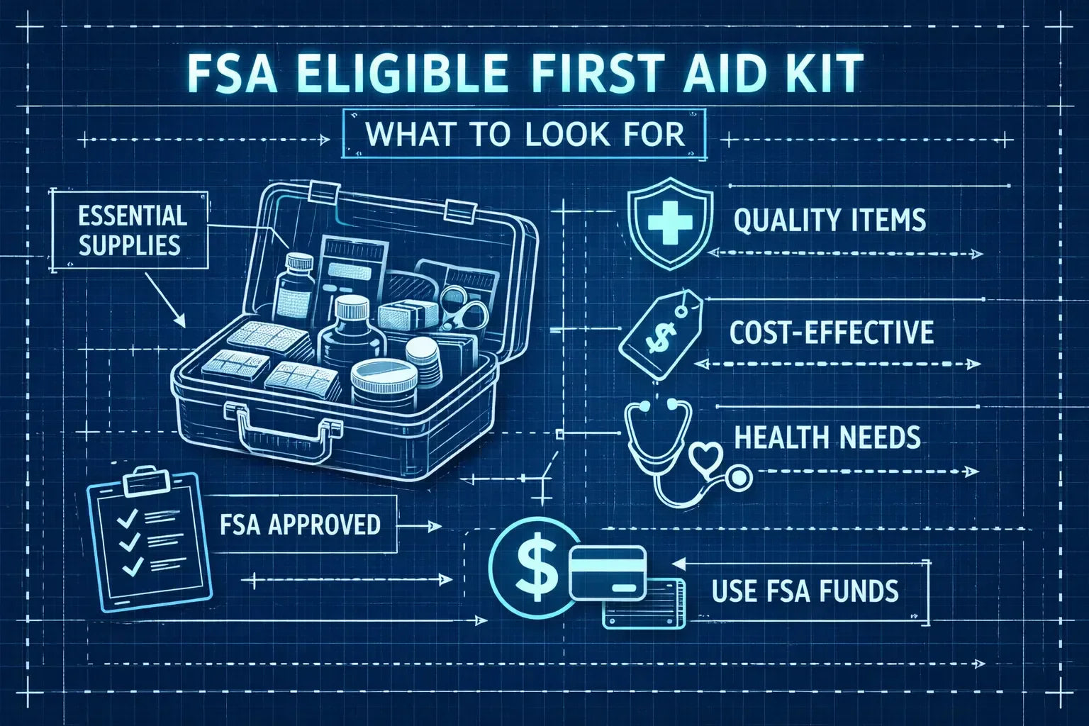 FSA-Eligible First Aid Kits infographic showing essential supplies and cost-effective options for FSA approval.