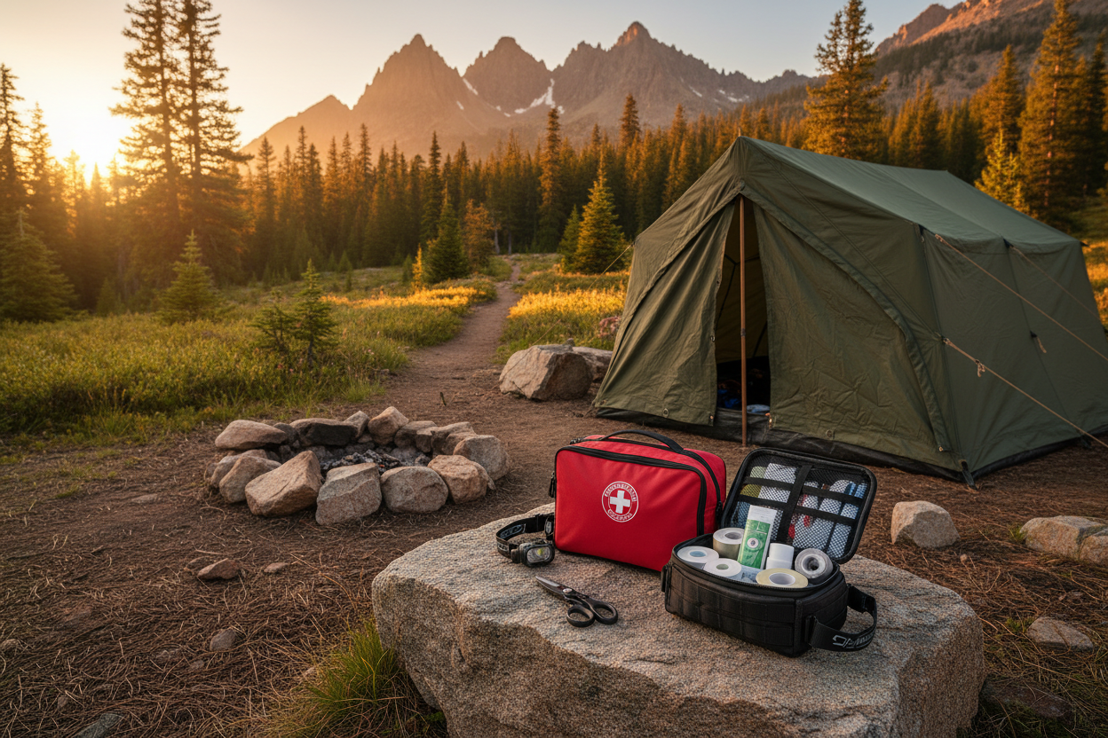 The Outdoor First Aid Kit Checklist: 12 Essentials That Could Save Your Life displayed with a camping tent in a mountain setting.