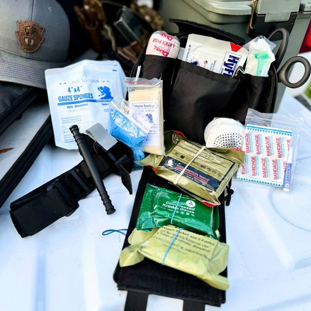 Emergency Medical Trauma Kits showcasing gauze sponges, bandages, and medical supplies for rapid bleeding control.