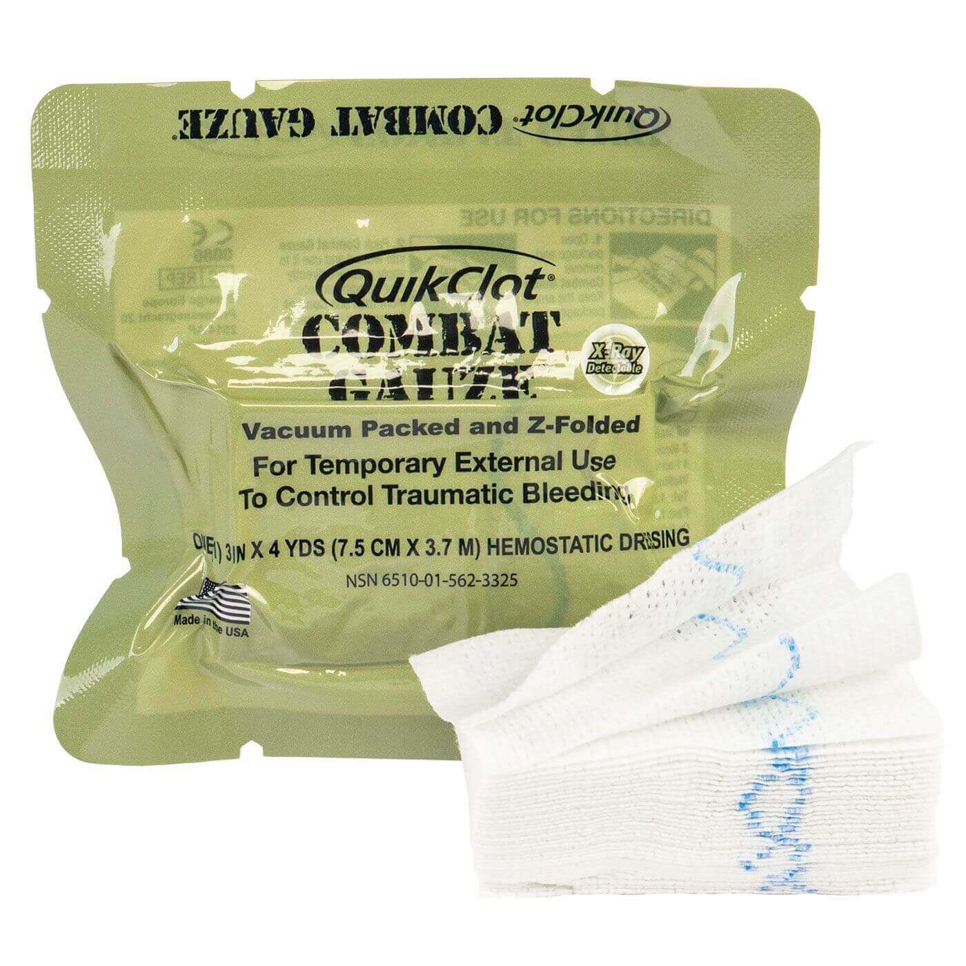 Hemostatic agents including QuikClot Combat Gauze Z-Fold and QuikClot EMS dressings for severe wound bleeding control.