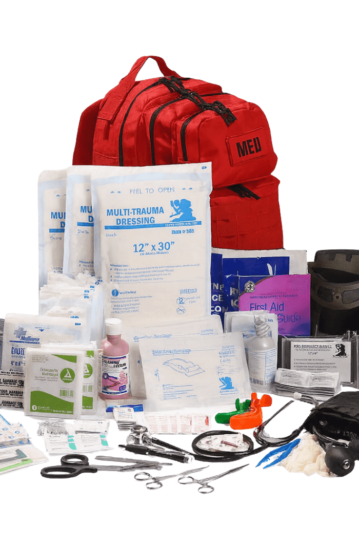 All First Aid Kits including trauma dressings, gloves, scissors, and a red medical backpack for emergencies.
