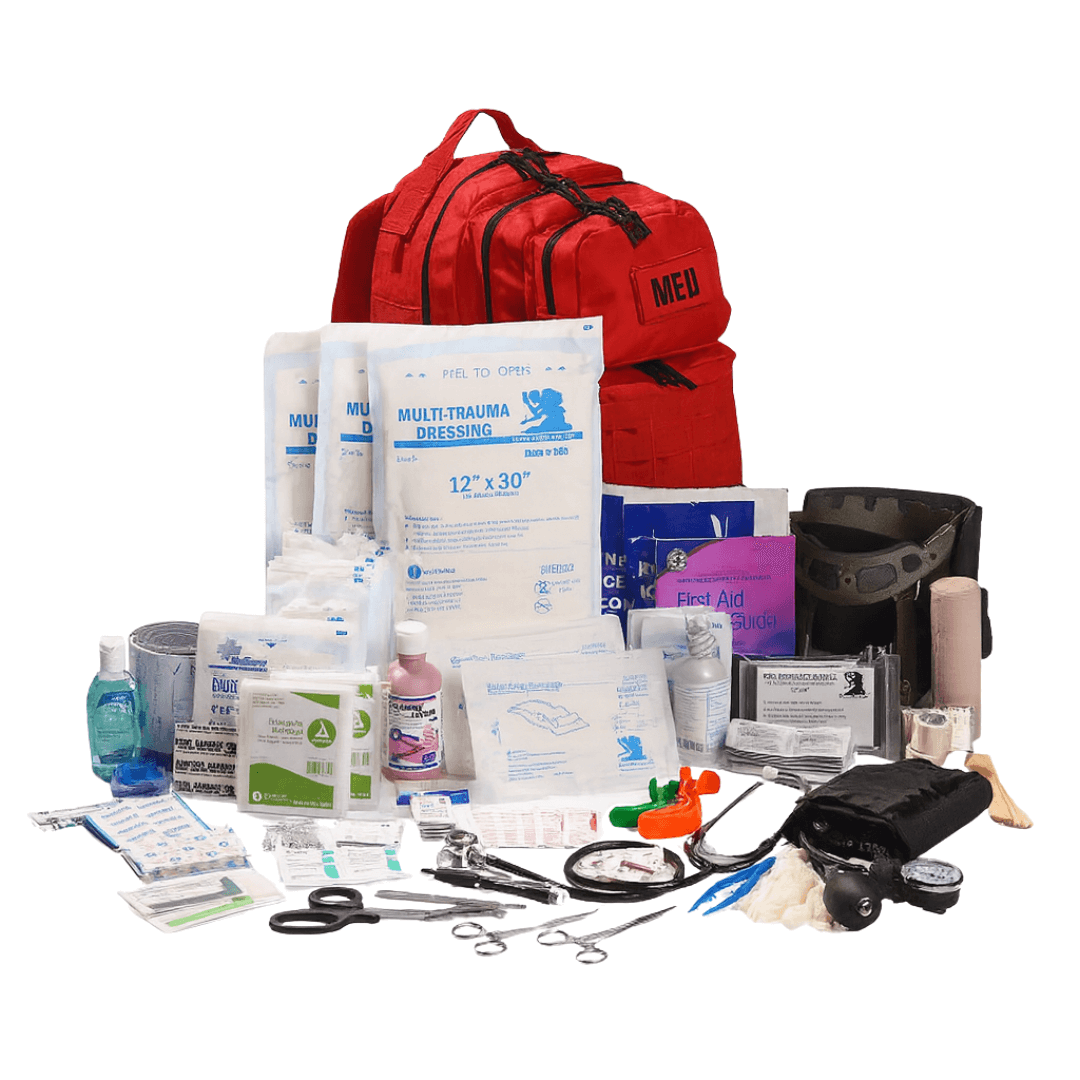 All First Aid Kits including trauma dressings, gloves, scissors, and a red medical backpack for emergencies.