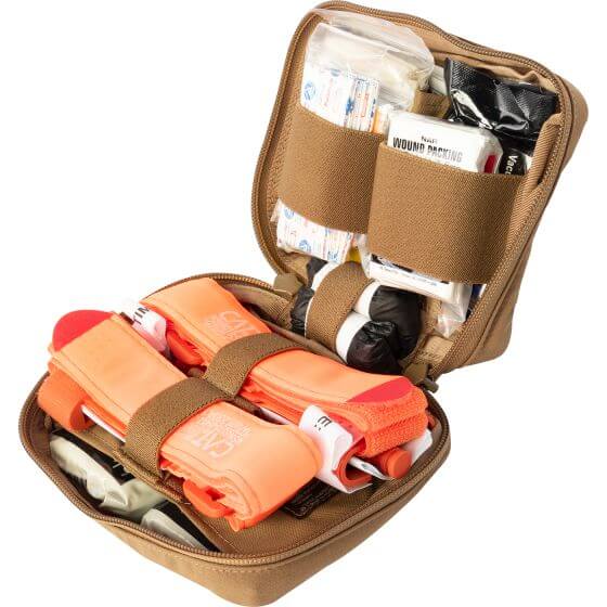 North American Rescue trauma kit open showing supplies for bleeding control and emergency response.