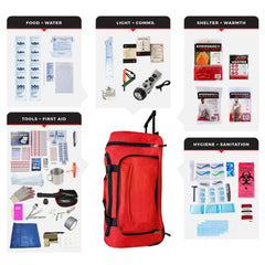 72-Hour Survival Kits including bug out bags, family kits, and shelter-in-place buckets for emergency preparedness.