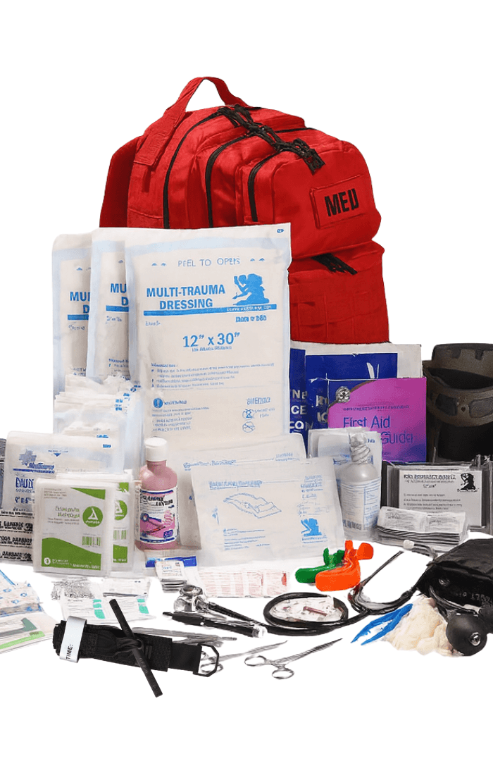 first aid kits with splints and immobilization including SAM splints, dressings, and various medical supplies.