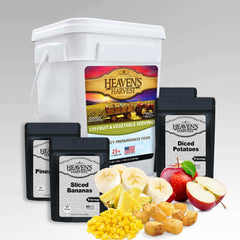 Emergency Meal Buckets including breakfast, entree, fruit and vegetable, and protein 5-gallon food storage buckets.