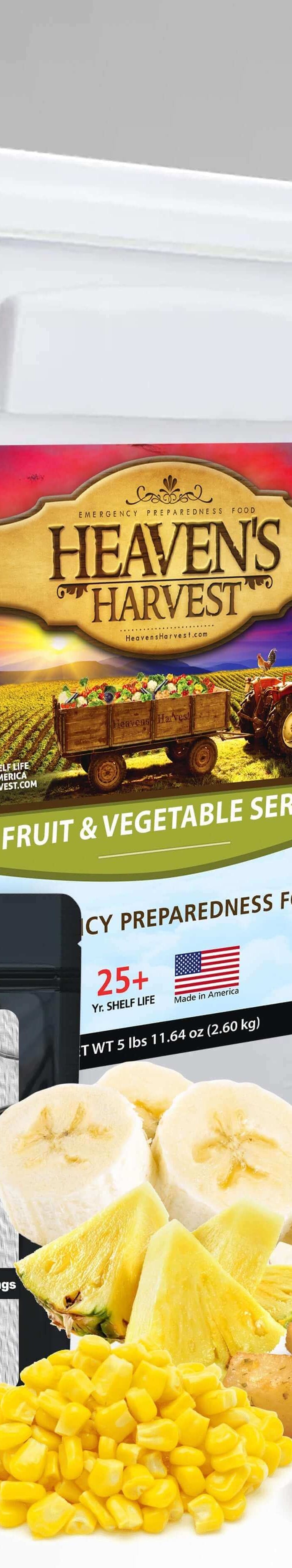 Emergency Meal Buckets including breakfast, entree, fruit and vegetable, and protein 5-gallon food storage buckets.