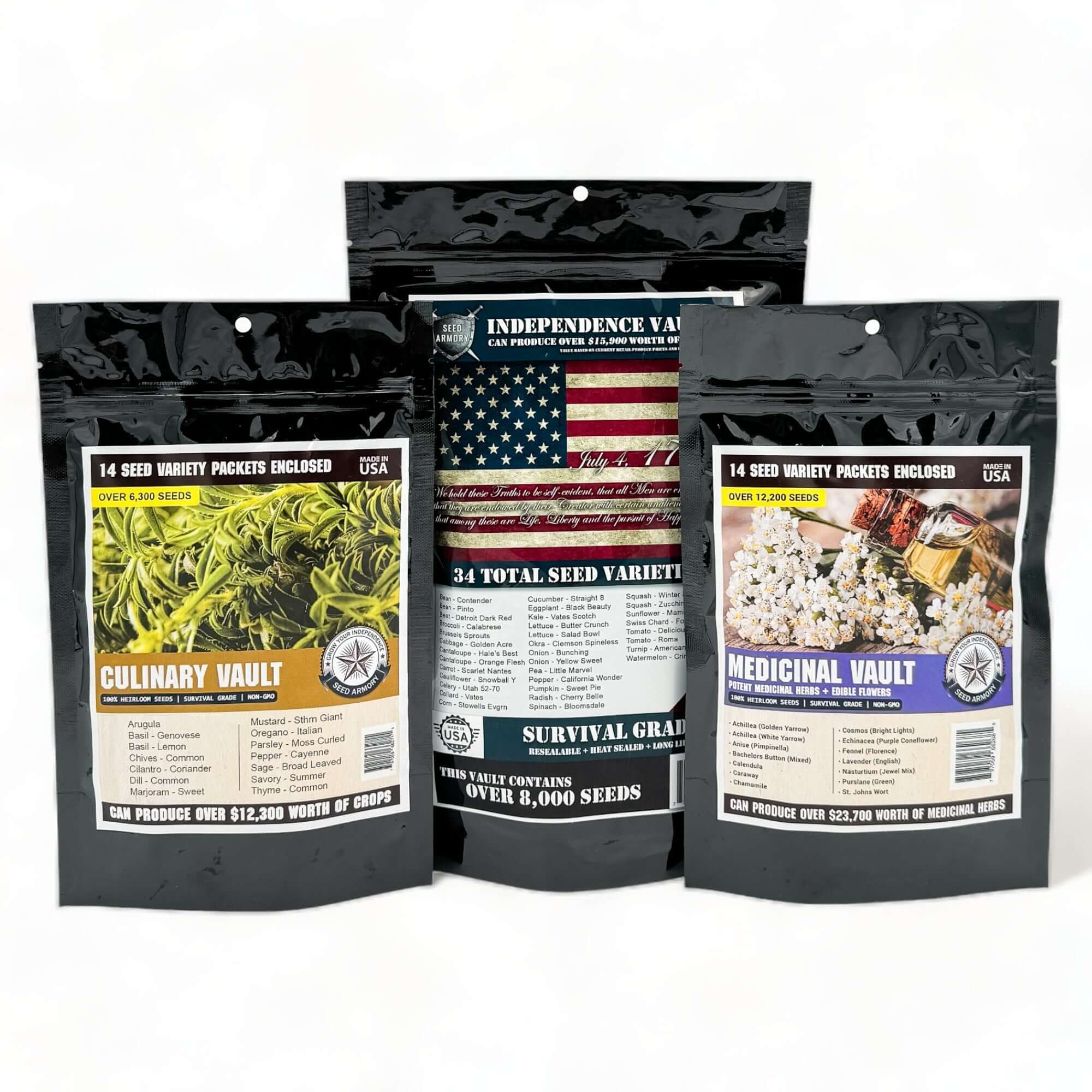 Survival Seed Kits including heirloom non-GMO seed vaults with vegetables, herbs, and varieties for long-term food production.