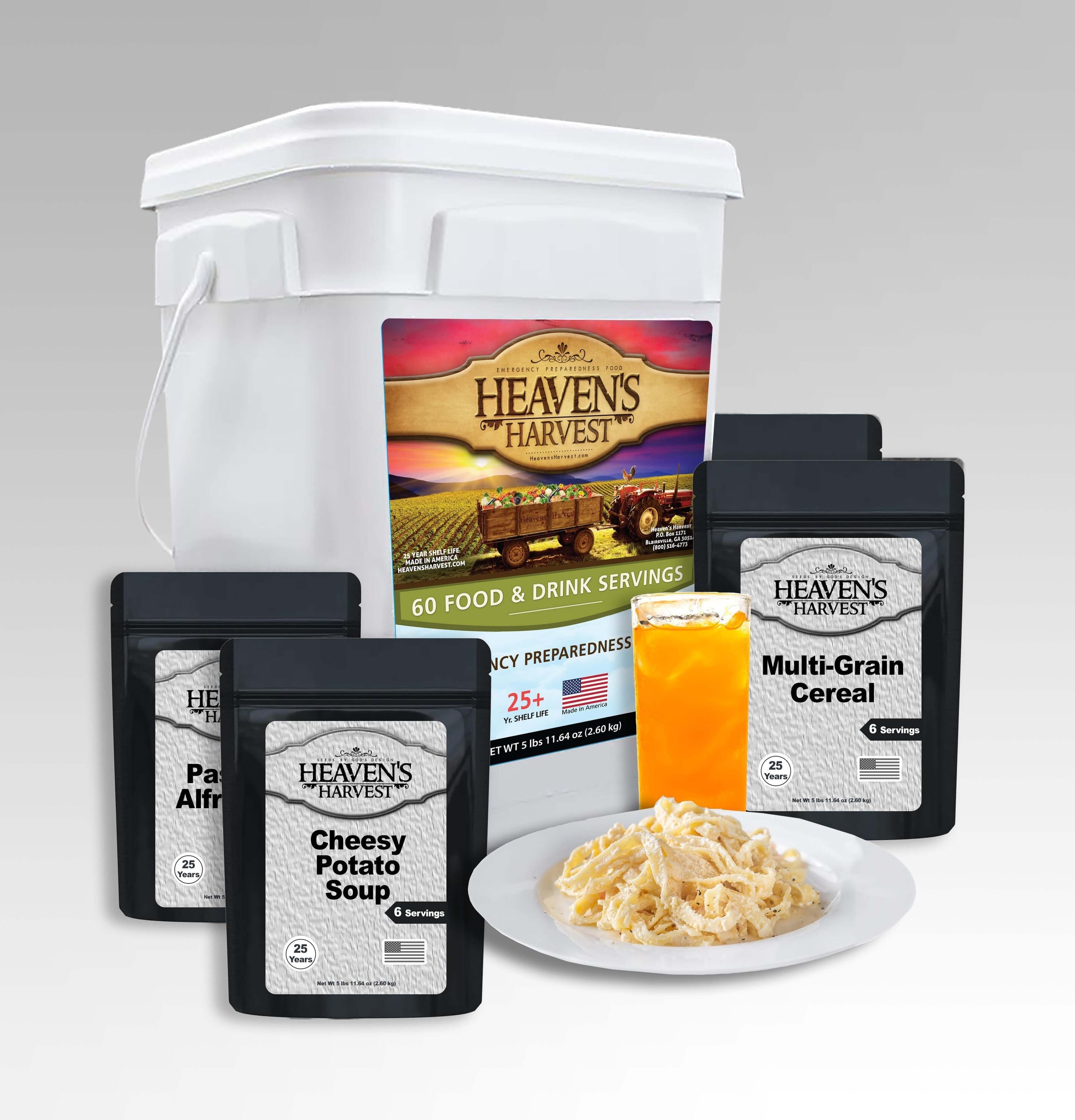 Emergency Survival Food - Weekly collection including various meal options and a food storage bucket.