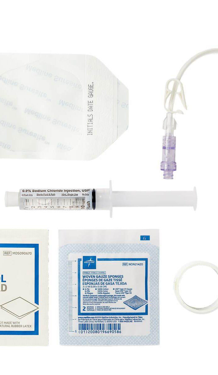 Medical supplies for circulation including syringes, alcohol prep pads, and IV components.