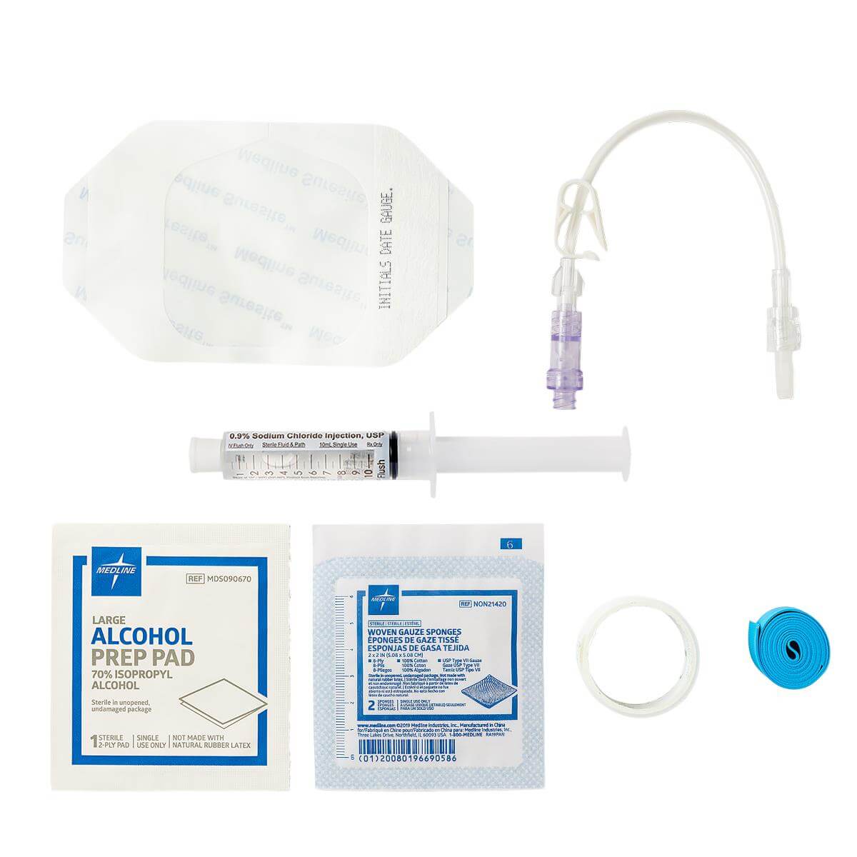 Medical supplies for circulation including syringes, alcohol prep pads, and IV components.