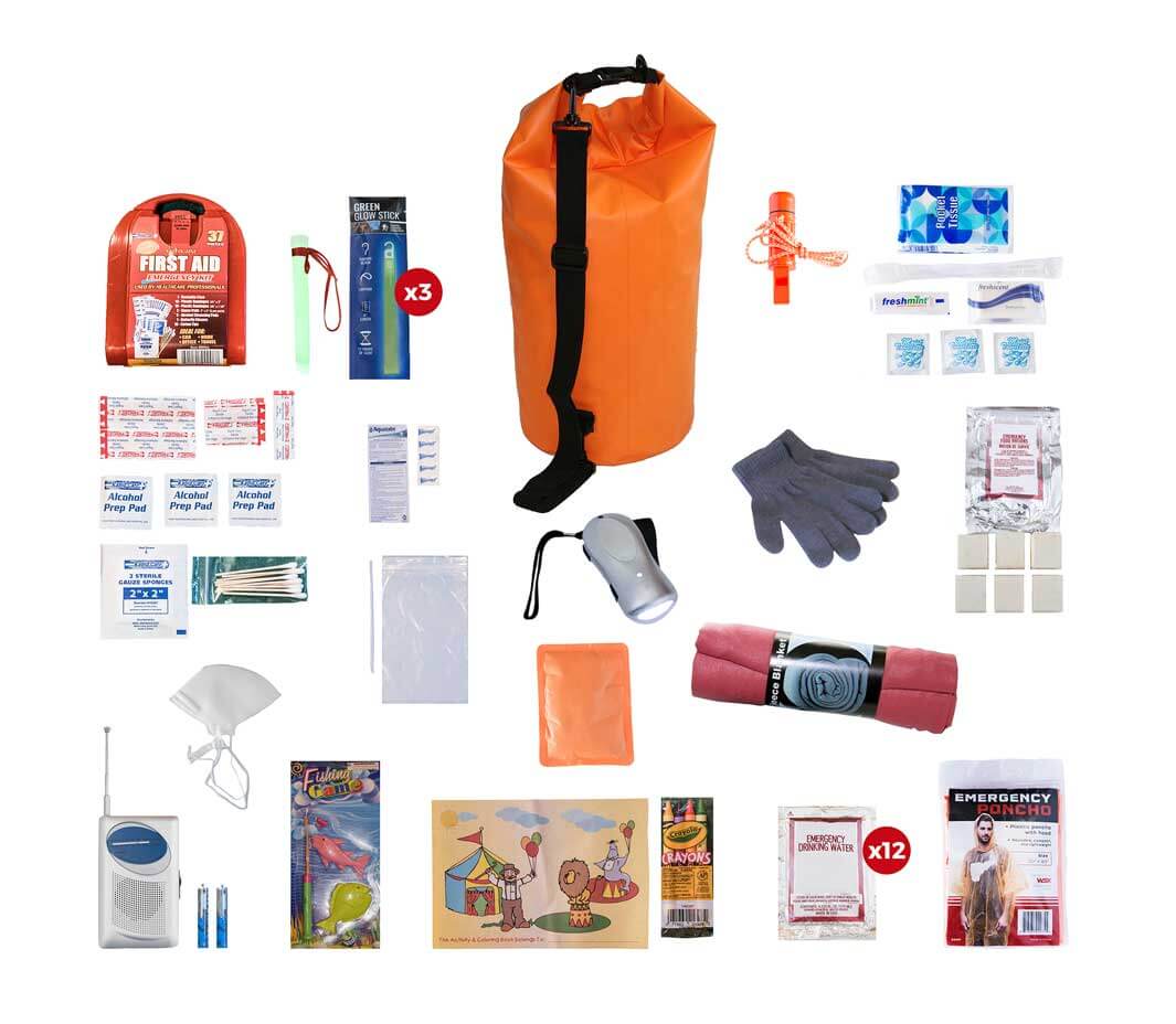 Children's Survival Kits containing emergency supplies, first aid items, and child-sized portions for safety.