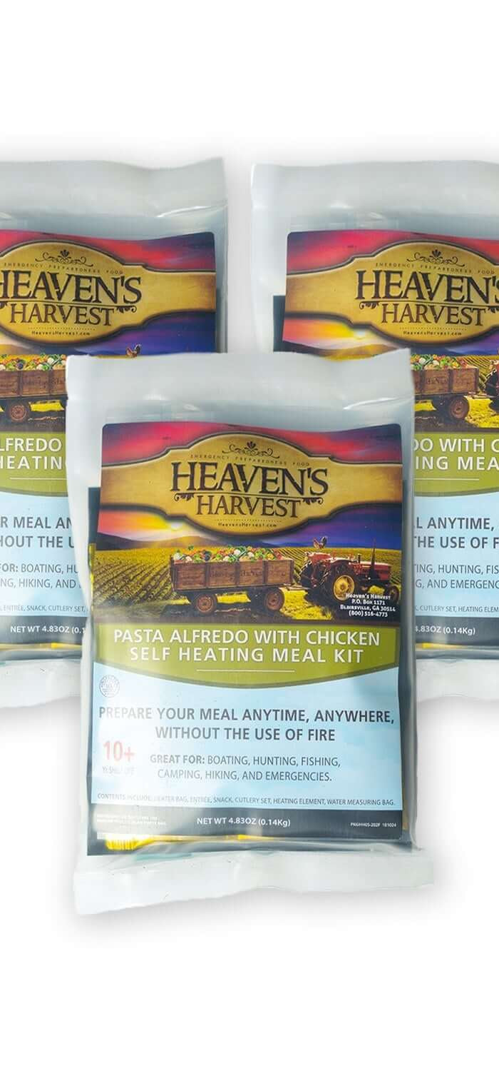 Self-Heating Meal Kits featuring Heavens Harvest Pasta Alfredo with Chicken.