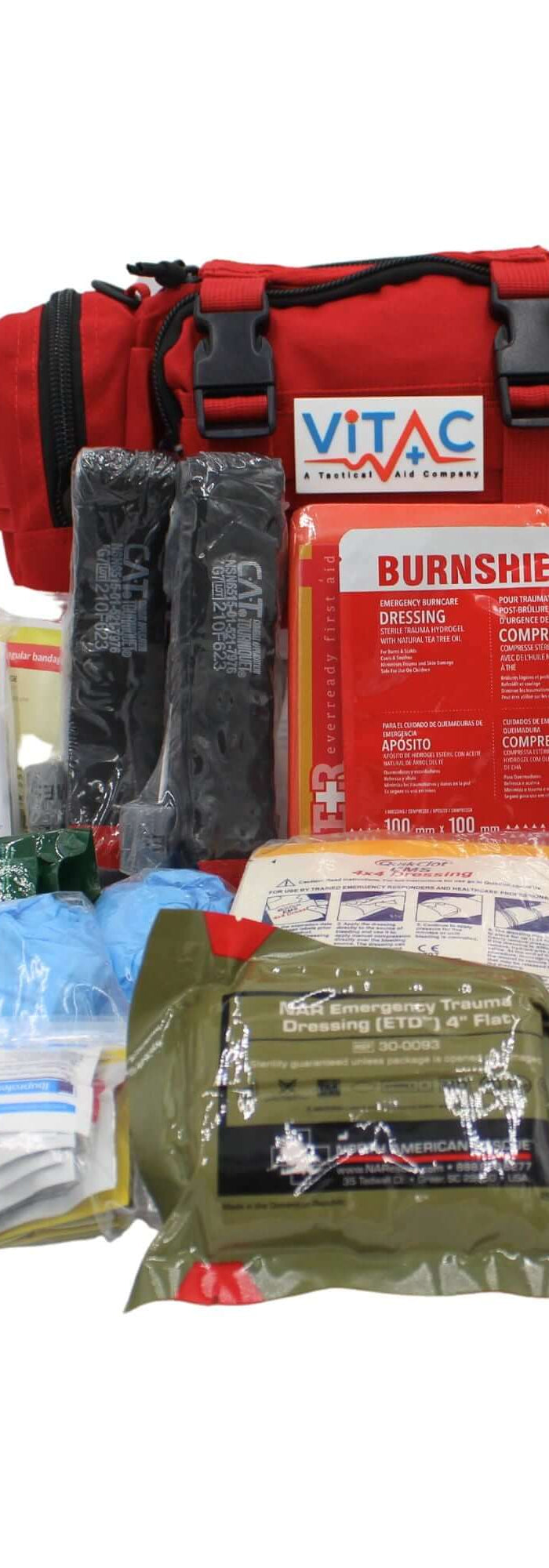 Bleed-Stop Trauma Kits collection featuring CAT tourniquets, hemostatic gauze, pressure dressings, and chest seals.