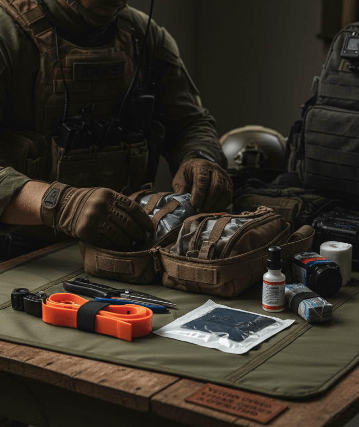 Law Enforcement First Aid Kits | Duty-Ready IFAKs for Patrol & SWAT displayed on a table with essential gear.