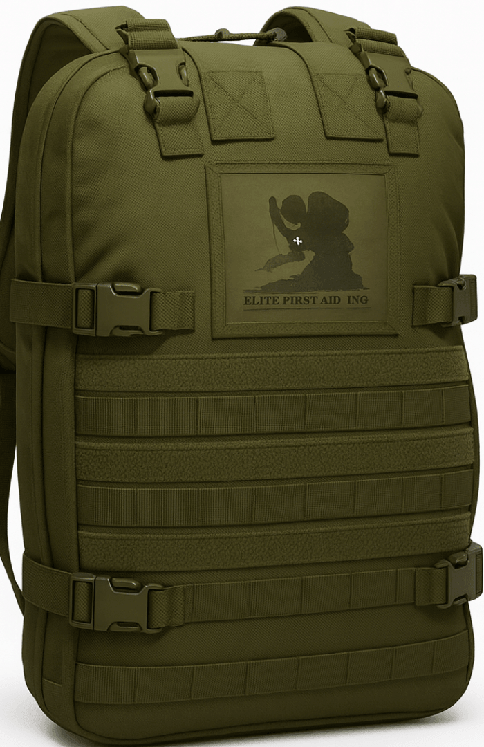 green backpack for community trauma kits for 5 people with a logo and adjustable straps.