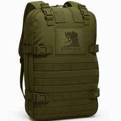 green backpack for community trauma kits for 5 people with a logo and adjustable straps.