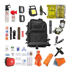 Image of various items in a black backpack for a survival gear collection including tools, medical supplies, and emergency equipment.