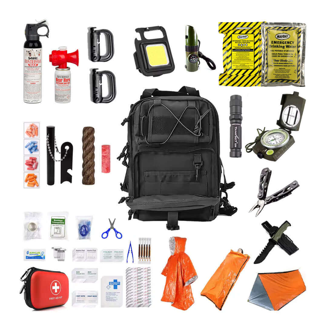 Image of various items in a black backpack for a survival gear collection including tools, medical supplies, and emergency equipment.