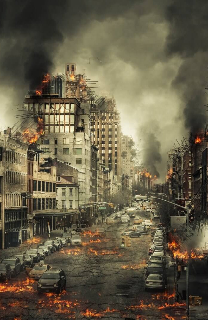 All Survival Kits for emergency preparedness in disaster situations with burning buildings and smoke.