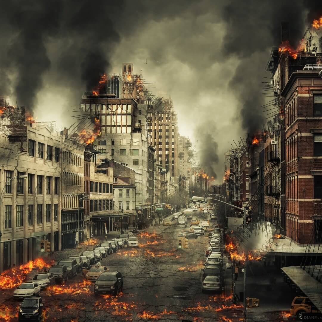 All Survival Kits for emergency preparedness in disaster situations with burning buildings and smoke.