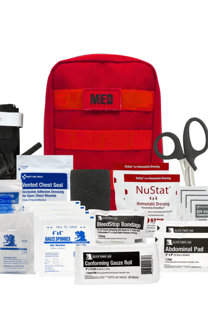 First Aid Kits and trauma supplies in a red pouch, perfect for emergency situations, all under $100.