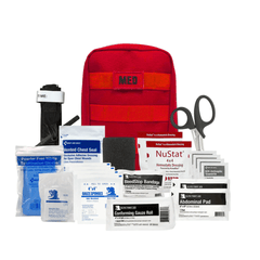 First Aid Kits and trauma supplies in a red pouch, perfect for emergency situations, all under $100.