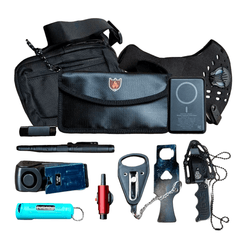 A collection of survival tools for emergency preparedness, including multi-tools, flashlights, and self-defense gear.