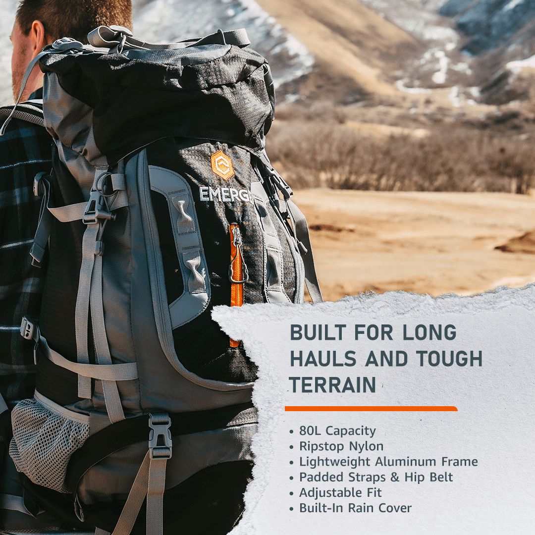 The Ranger 80L Survival Backpack HeavyDuty Ripstop Nylon BugOut Pack with Aluminum Frame, Padded Straps, Hip Belt & Load Lifters, AllWeather Protecti