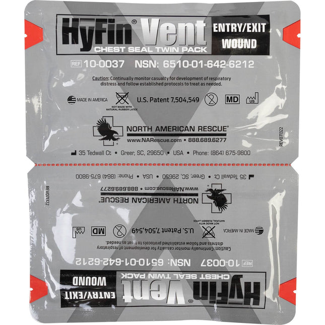 HyFin Vented Chest Seal Twin Pack by North American Rescue for open and tension pneumothorax treatment.