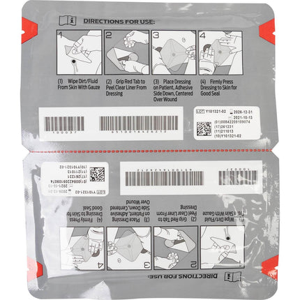 Instructions for HyFin Vented Chest Seal application demonstrating key steps for proper use.