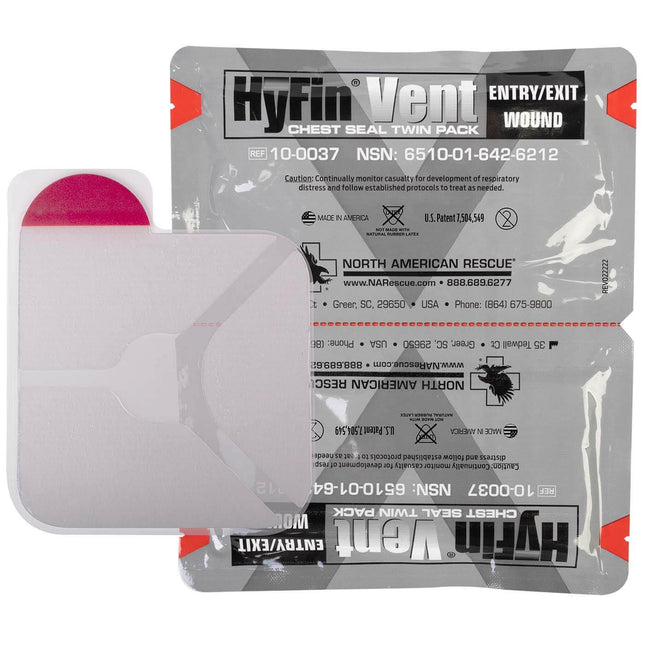 HyFin Vented Chest Seal Twin Pack by North American Rescue for treating open/pneumothorax wounds, includes two individual seals.