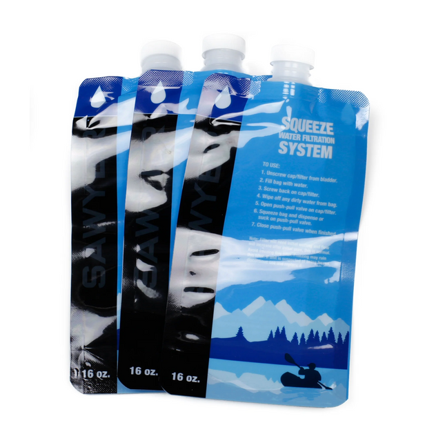 Sawyer 16 oz Squeezable Water Pouch – 3 Pack for Hiking, Travel & Survival